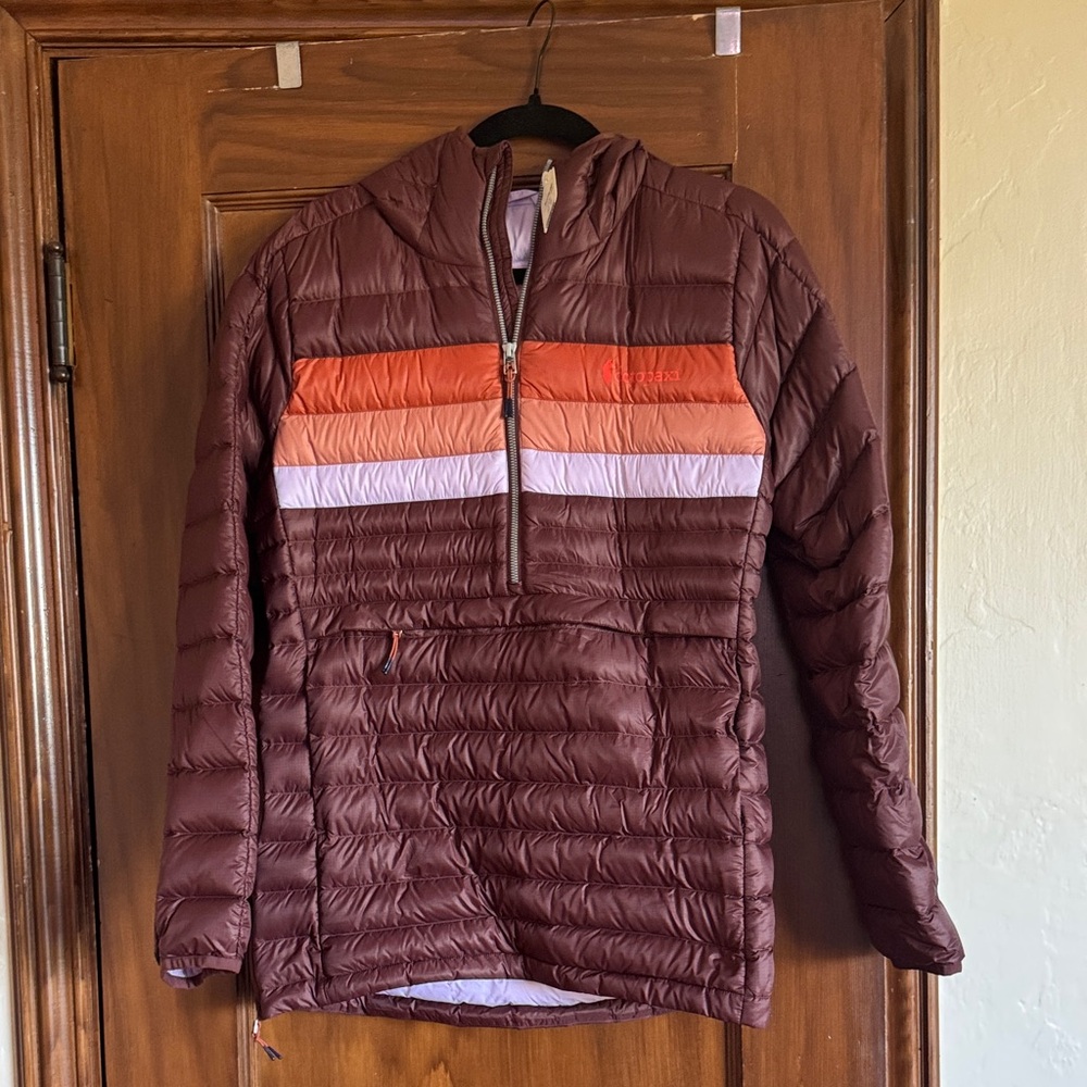 NWT Cotopaxi Burgundy Puffer Jacket with Striped Accents